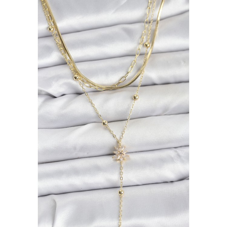 Gold-Colored Polar Star Model Detailed 3-Piece Set Women's Necklace - TJ-BKO10694