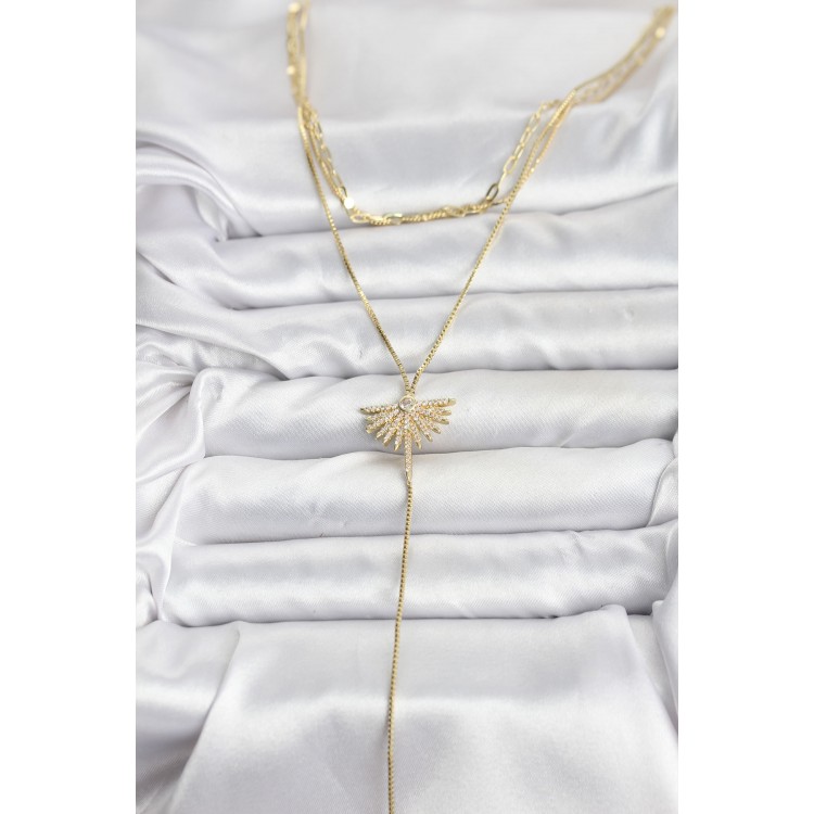 Gold-Colored Zircon Stone Fan Model Detailed 3-Piece Combination Y Women's Necklace - TJ-BKO10695