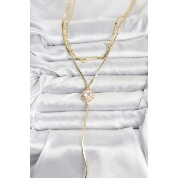 Gold-Colored Zircon Stone Daisy Design Detailed 3-Piece Set Women's Necklace - TJ-BKO10696