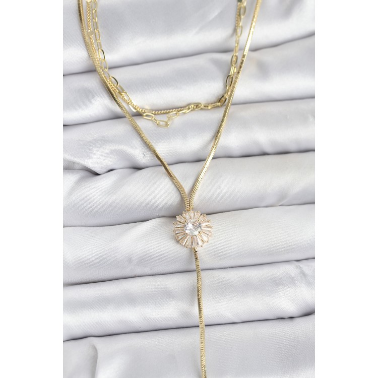 Gold-Colored Zircon Stone Daisy Design Detailed 3-Piece Set Women's Necklace - TJ-BKO10696