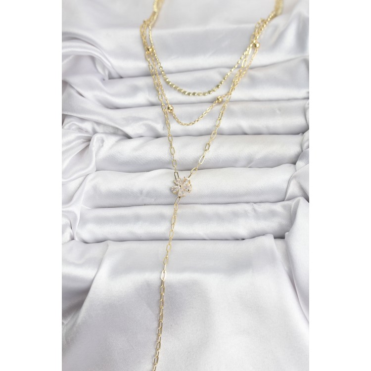 Gold-Colored Rice-Shaped Flower Design with Zircon Stones, Detailed 3-Piece Set, Women's Necklace - TJ-BKO10697