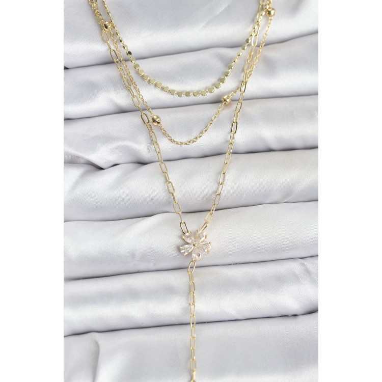 Gold-Colored Rice-Shaped Flower Design with Zircon Stones, Detailed 3-Piece Set, Women's Necklace - TJ-BKO10697