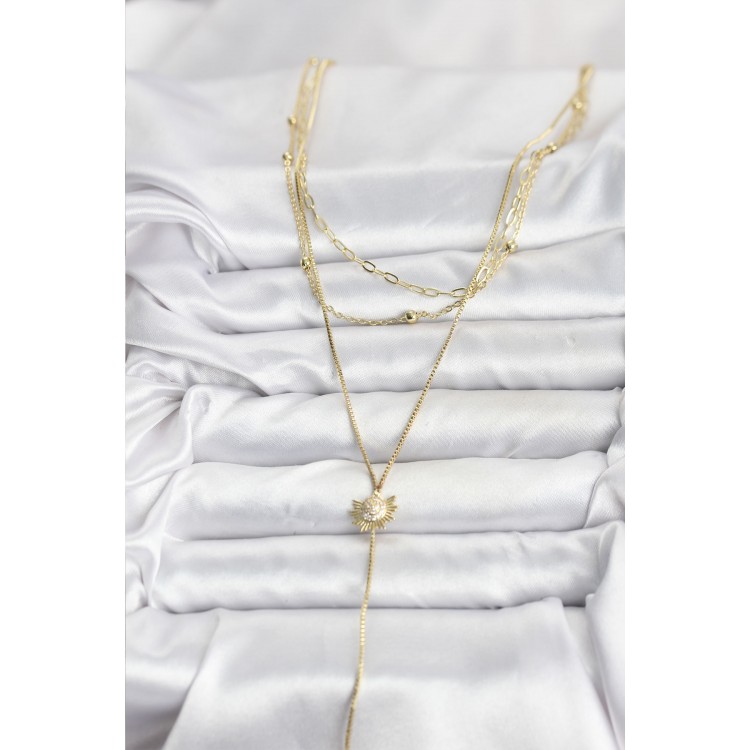 Gold-Colored Zircon Stone Sun Design Detailed 3-Piece Set Women's Necklace - TJ-BKO10698
