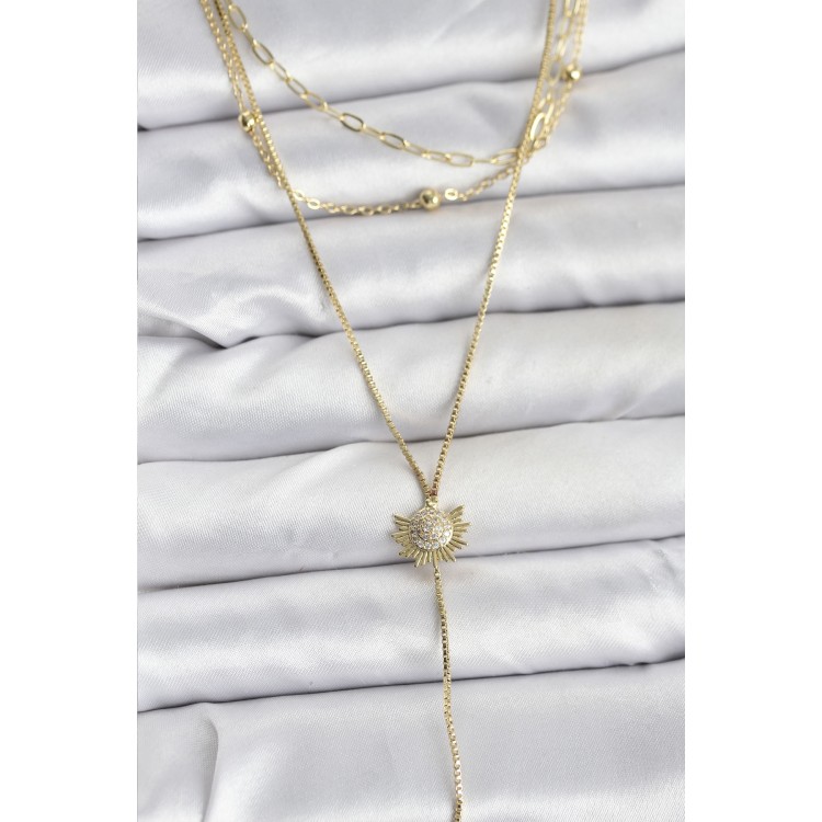 Gold-Colored Zircon Stone Sun Design Detailed 3-Piece Set Women's Necklace - TJ-BKO10698
