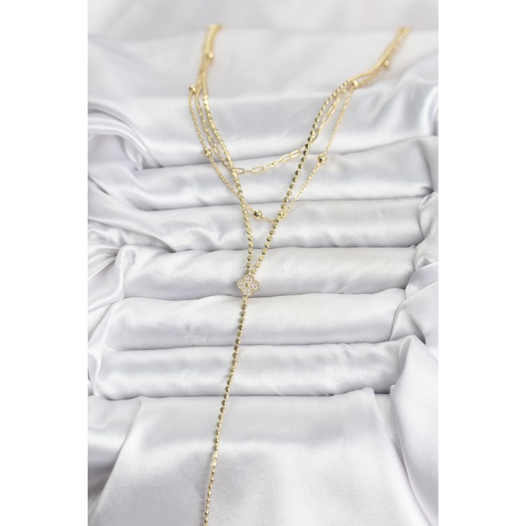 Gold-Colored Zircon Stone Clover Model Detailed 3-Piece Set Women's Necklace - TJ-BKO10699