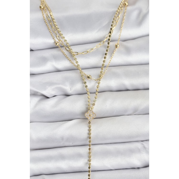 Gold-Colored Zircon Stone Clover Model Detailed 3-Piece Set Women's Necklace - TJ-BKO10699