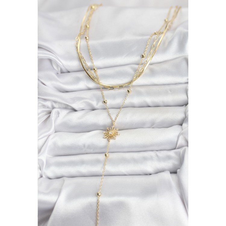Gold-Colored Zircon Stone Model Detailed 3-Piece Combination Y Women's Necklace - TJ-BKO10700