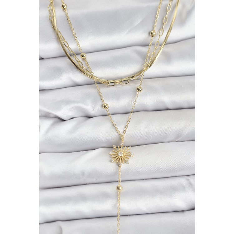 Gold-Colored Zircon Stone Model Detailed 3-Piece Combination Y Women's Necklace - TJ-BKO10700 Gold-Colored Zircon Stone Model Detailed 3-Piece Combination Y Women's Necklace - TJ-BKO10700