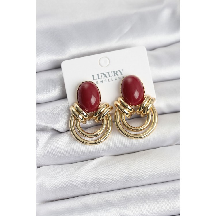 Gold-Plated Vintage Women's Earrings with Burgundy Stones - TJ-BKP11356