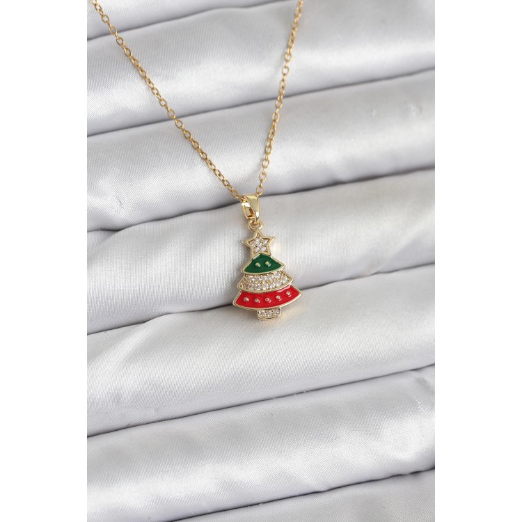 316L Steel Chain Gold Pine Tree Model Zircon Stone Christmas-Themed Women's Necklace - TJ-BKO10710