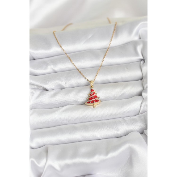 316L Steel Chain Gold Color Red Pine Tree Model Christmas-Themed Women's Necklace - TJ-BKO10714