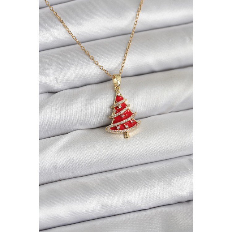 316L Steel Chain Gold Color Red Pine Tree Model Christmas-Themed Women's Necklace - TJ-BKO10714