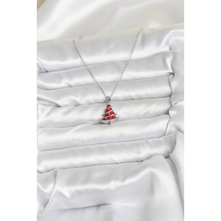 316L Stainless Steel Chain Silver Color Red Pine Tree Design Christmas-Themed Women's Necklace - TJ-BKO10715