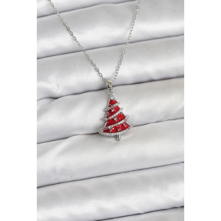316L Stainless Steel Chain Silver Color Red Pine Tree Design Christmas-Themed Women's Necklace - TJ-BKO10715