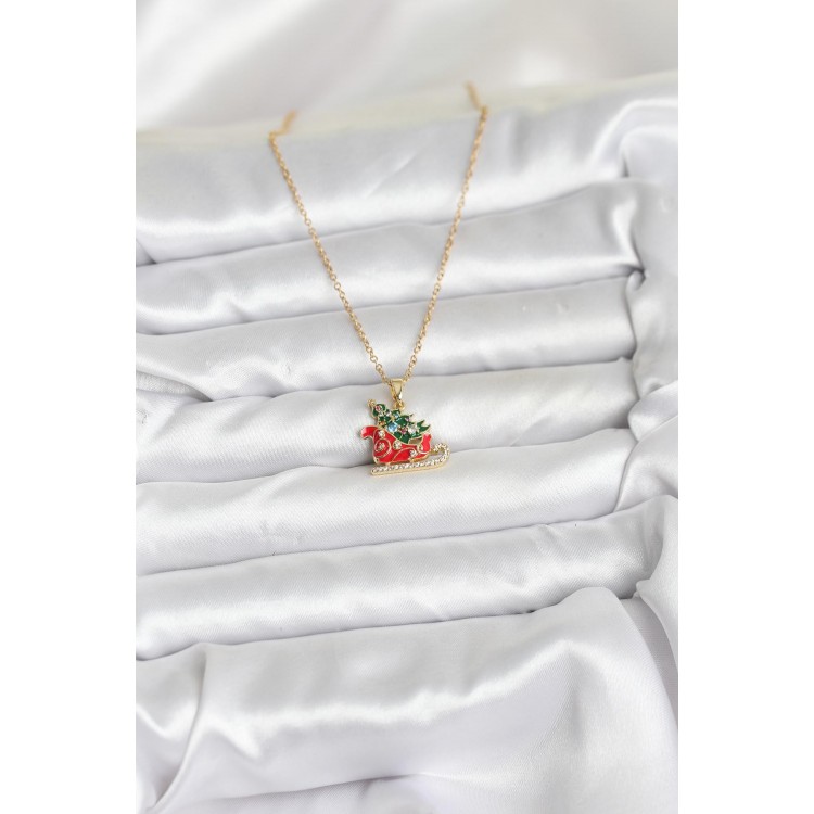 316L Stainless Steel Chain Gold-Colored Sled and Pine Tree Figure Christmas-Themed Women's Necklace - TJ-BKO10716