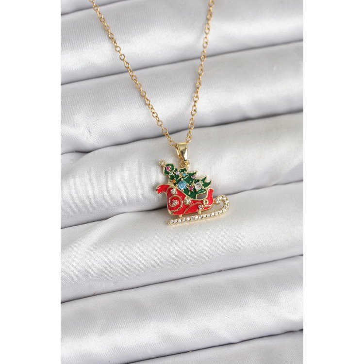 316L Stainless Steel Chain Gold-Colored Sled and Pine Tree Figure Christmas-Themed Women's Necklace - TJ-BKO10716