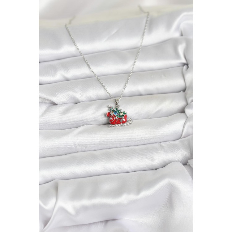 316L Stainless Steel Chain Silver-Tone Sled and Pine Tree Motif Christmas-Themed Women's Necklace - TJ-BKO10717