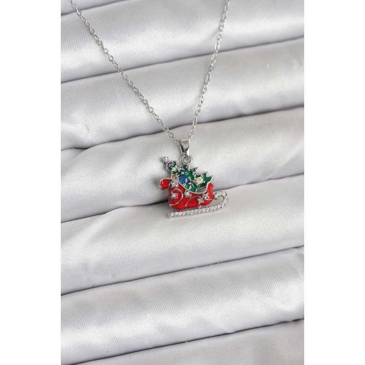 316L Stainless Steel Chain Silver-Tone Sled and Pine Tree Motif Christmas-Themed Women's Necklace - TJ-BKO10717