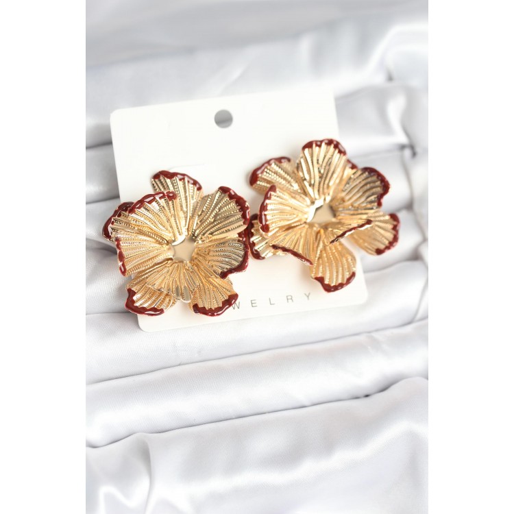 Gold-Plated Burgundy Detailed Lotus Women's Earrings - TJ-BKP11366 Gold-Plated Burgundy Detailed Lotus Women's Earrings - TJ-BKP11366