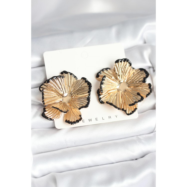 Gold-Plated Black Enamel Detailed Lotus Women's Earrings - TJ-BKP11368 Gold-Plated Black Enamel Detailed Lotus Women's Earrings - TJ-BKP11368