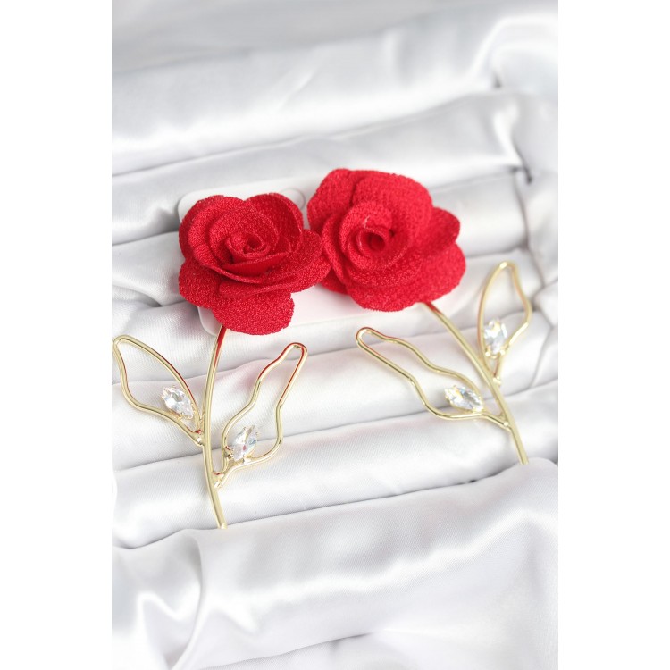Gold-Plated Red Rose Design Women's Earrings - TJ-BKP11370