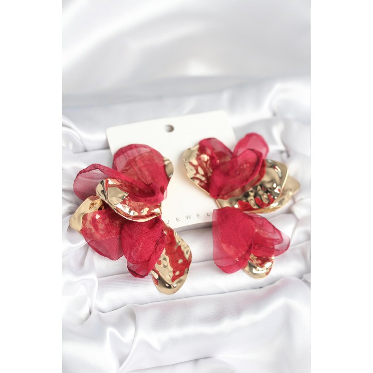 Gold-Colored Burgundy Tulle Lotus Women's Earrings - TJ-BKP11372