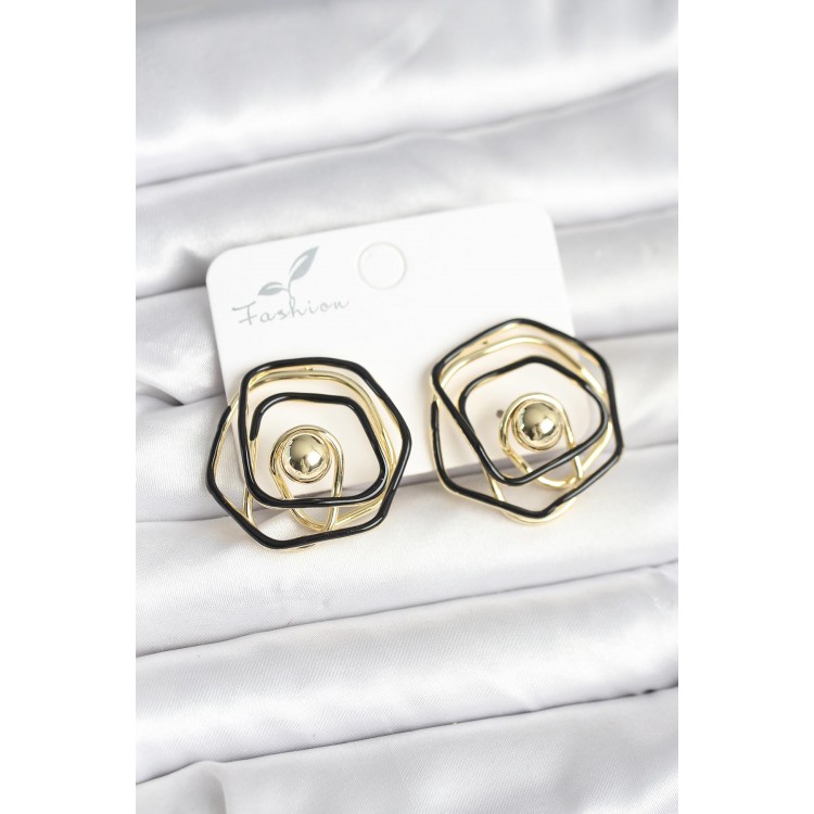 Gold-Plated Black Enamel Geometric Rose Design Women's Earrings - TJ-BKP11376 Gold-Plated Black Enamel Geometric Rose Design Women's Earrings - TJ-BKP11376