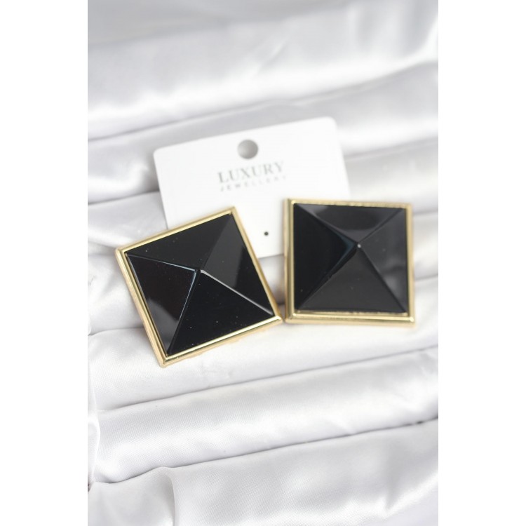 Gold-Plated Black Pyramid-Shaped Women's Earrings - TJ-BKP11385 Gold-Plated Black Pyramid-Shaped Women's Earrings - TJ-BKP11385