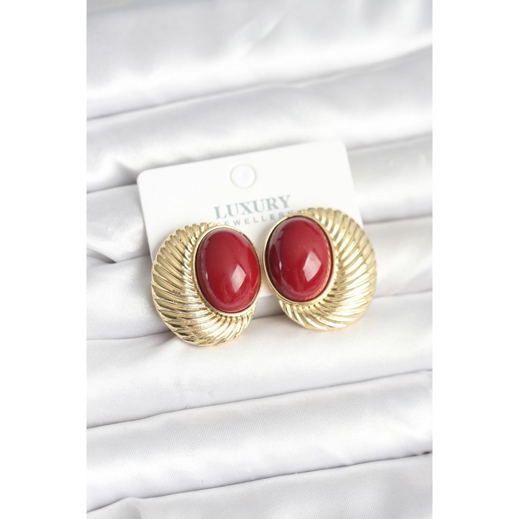 Gold-Colored Oval Vintage Women's Earrings with Burgundy Beads - TJ-BKP11391 Gold-Colored Oval Vintage Women's Earrings with Burgundy Beads - TJ-BKP11391