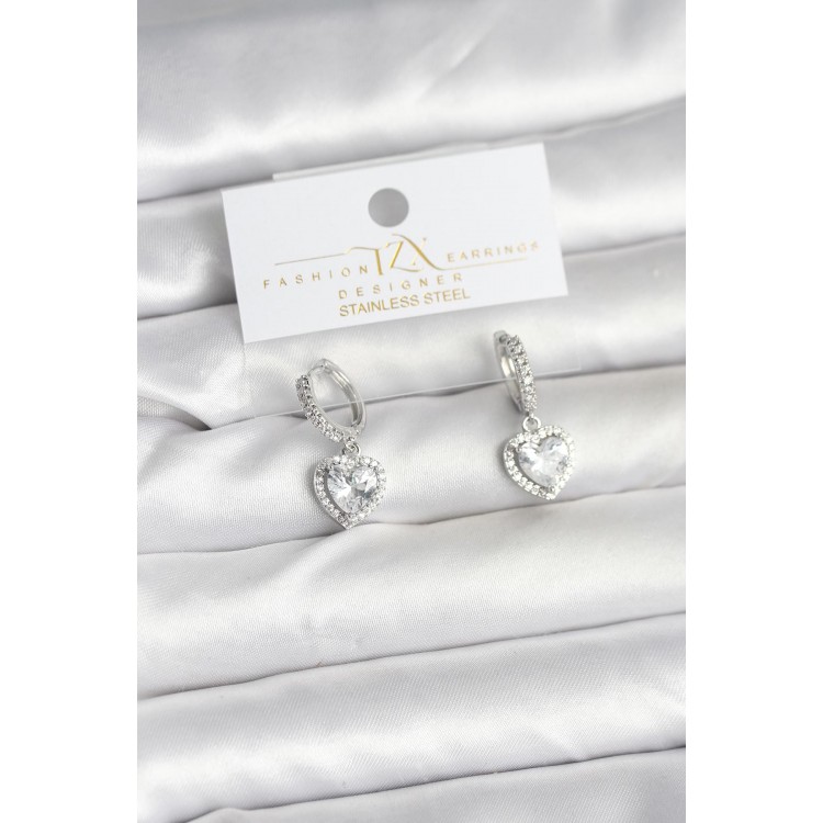 Silver-Colored Zircon Stone Heart-Shaped Women's Earrings - TJ-BKP11396