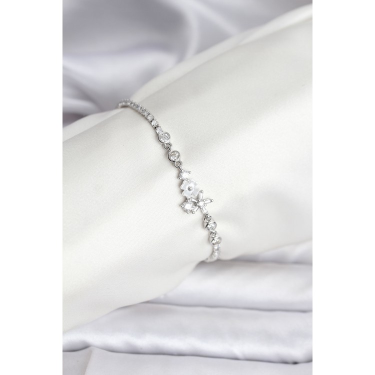 Floral Design Zircon Stone Silver-Colored Waterway Women's Bracelet - TJ-BB8111