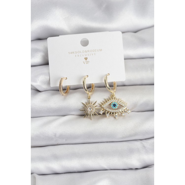 Eye Model Gold Color Brass 3-Piece Women's Earring Set - TJ-BKP11439 Eye Model Gold Color Brass 3-Piece Women's Earring Set - TJ-BKP11439