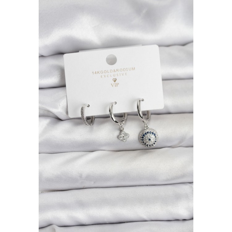 Nazar Model Silver-Colored Brass 3-Piece Women's Earring Set - TJ-BKP11442 Nazar Model Silver-Colored Brass 3-Piece Women's Earring Set - TJ-BKP11442