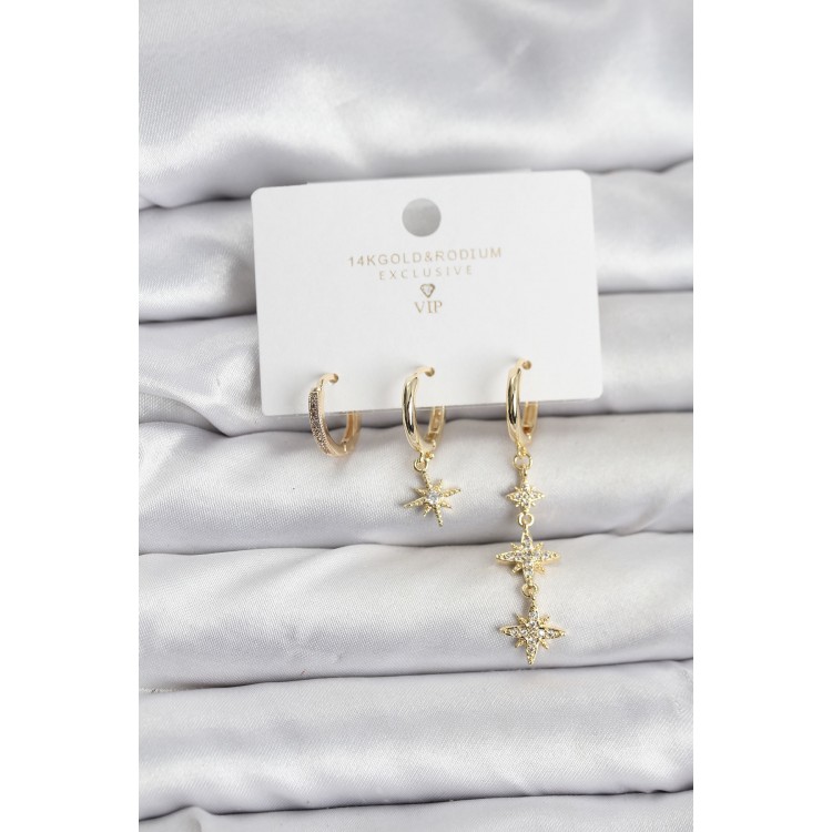 North Star Model Gold Color Brass 3-Piece Women's Earring Set - TJ-BKP11443