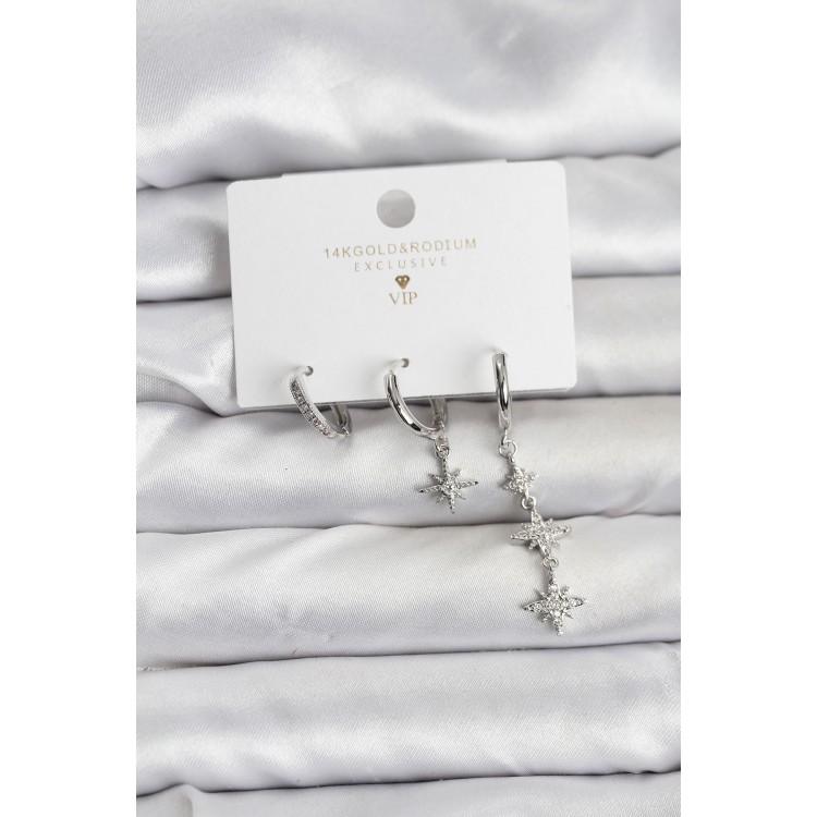 North Star Model Silver-Colored Brass 3-Piece Women's Earring Set - TJ-BKP11444