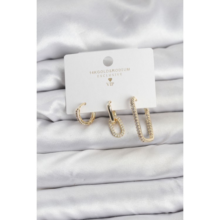 Gold-Colored Zircon Stone 3-Piece Women's Earring Set - TJ-BKP11449