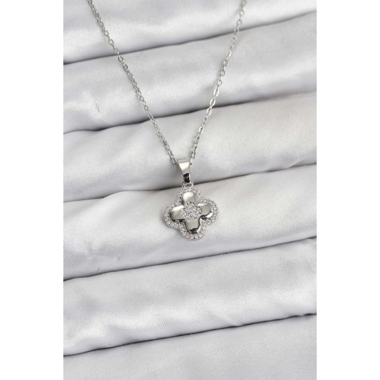 316L Steel Chain Silver Color Zircon Stone Clover Model Women's Necklace - TJ-BKO10768