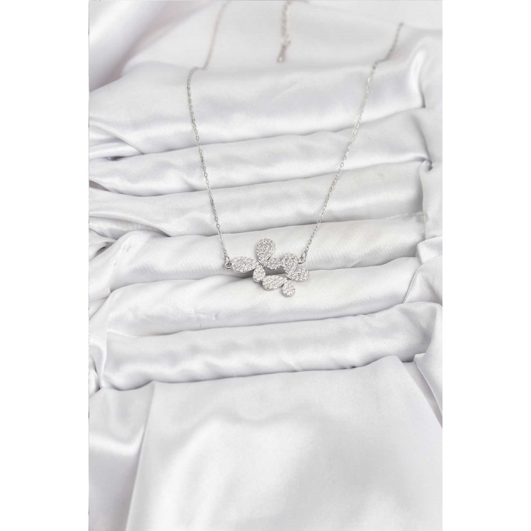 316L Stainless Steel Chain Silver-Tone Zircon Stone Butterfly Design Women's Necklace - TJ-BKO10770