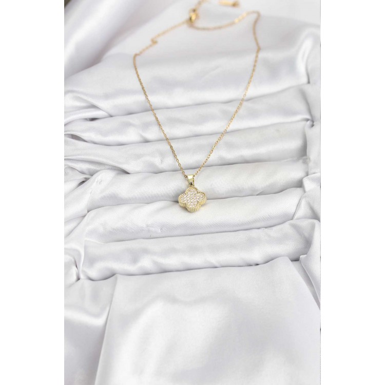 316L Steel Chain Gold Color Zircon Stone Clover Model Women's Necklace - TJ-BKO10771