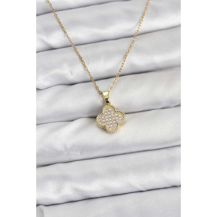 316L Steel Chain Gold Color Zircon Stone Clover Model Women's Necklace - TJ-BKO10771