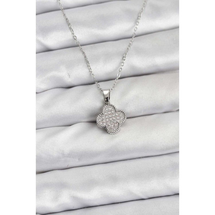 316L Steel Chain Silver Color Zircon Stone Clover Model Women's Necklace - TJ-BKO10772
