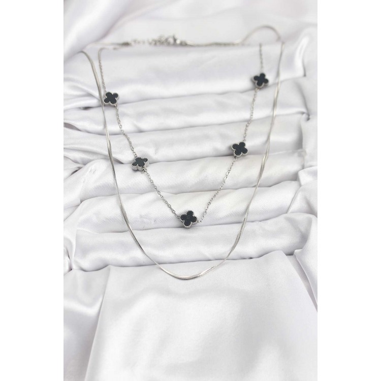 316L Stainless Steel Chain Silver Color Italian Chain Black Clover Model Women's Necklace - TJ-BKO10781