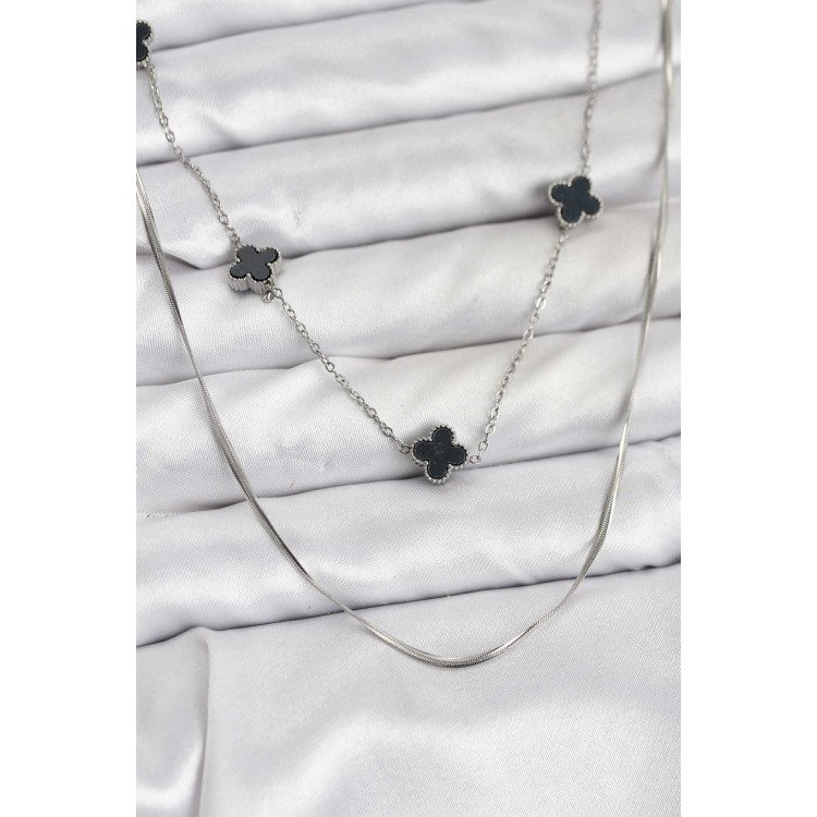 316L Stainless Steel Chain Silver Color Italian Chain Black Clover Model Women's Necklace - TJ-BKO10781