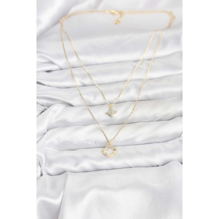 Gold-Colored Clover Model 2-Piece Women's Necklace - TJ-BKO10801