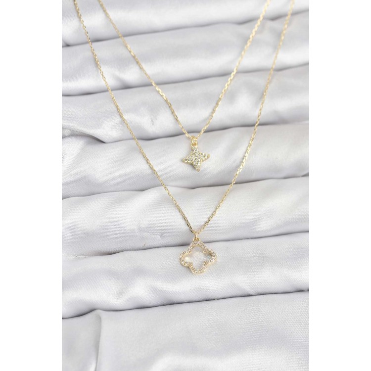 Gold-Colored Clover Model 2-Piece Women's Necklace - TJ-BKO10801 Gold-Colored Clover Model 2-Piece Women's Necklace - TJ-BKO10801