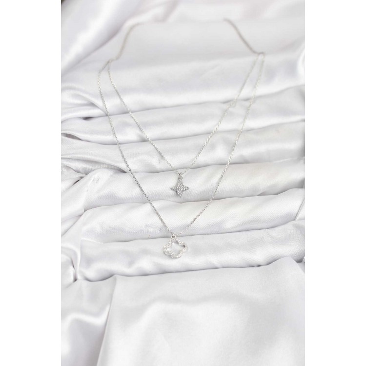 Silver-Tone Clover-Shaped 2-Piece Women's Necklace - TJ-BKO10802