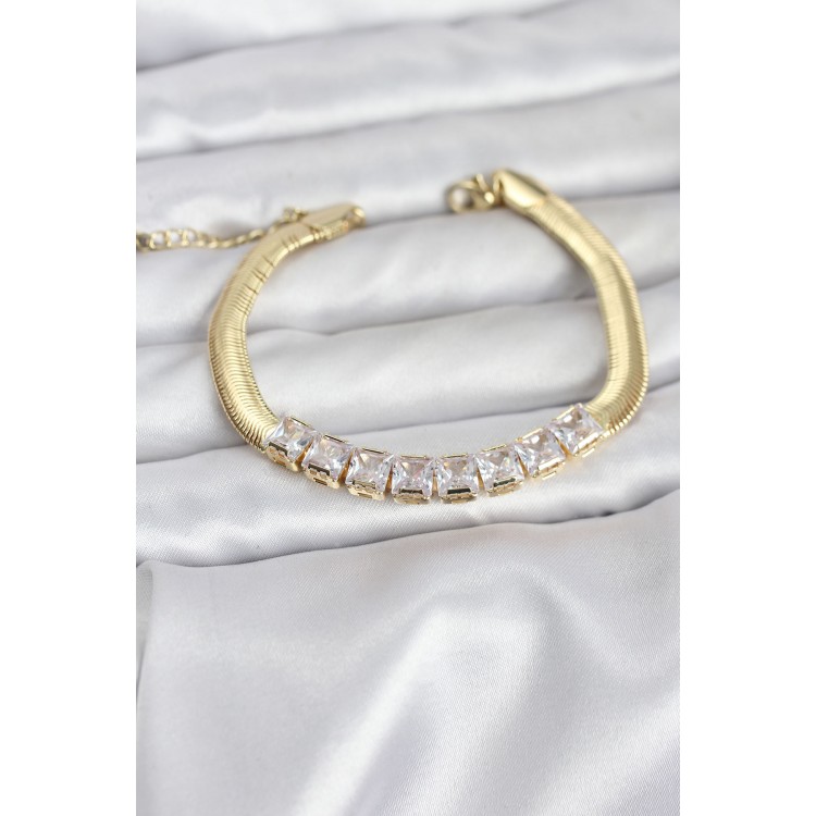 316L Steel Gold Color Square Zircon Stone Snake Chain Women's Bracelet - TJ-BB8152 316L Steel Gold Color Square Zircon Stone Snake Chain Women's Bracelet - TJ-BB8152