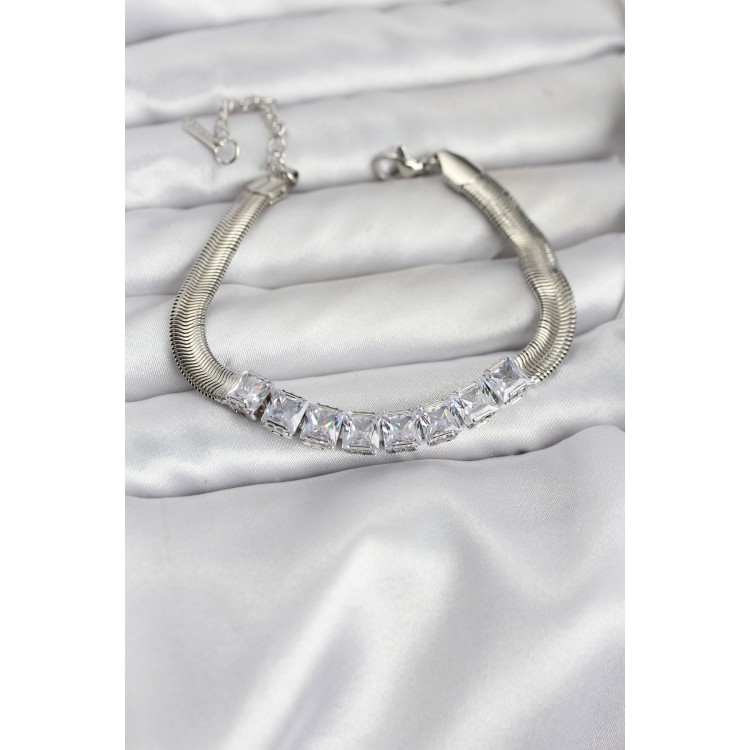 316L Stainless Steel Silver-Colored Square Zircon Stone Snake Chain Women's Bracelet - TJ-BB8153