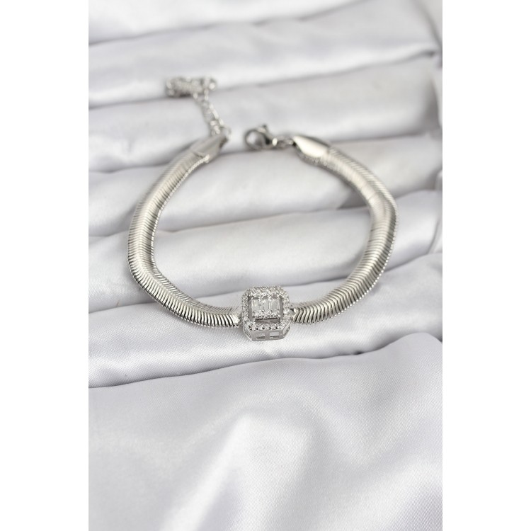 316L Stainless Steel Silver-Colored Baguette Zircon Stone Snake Chain Women's Bracelet - TJ-BB8155 316L Stainless Steel Silver-Colored Baguette Zircon Stone Snake Chain Women's Bracelet - TJ-BB8155