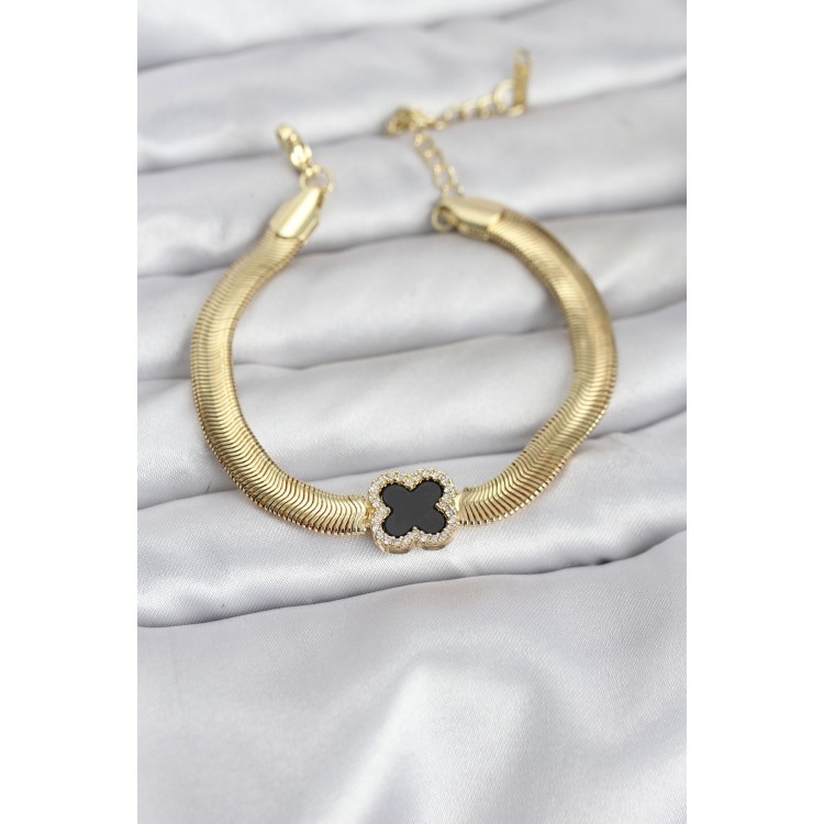 316L Steel Gold Color Black Clover Model Zircon Stone Snake Chain Women's Bracelet - TJ-BB8156 316L Steel Gold Color Black Clover Model Zircon Stone Snake Chain Women's Bracelet - TJ-BB8156